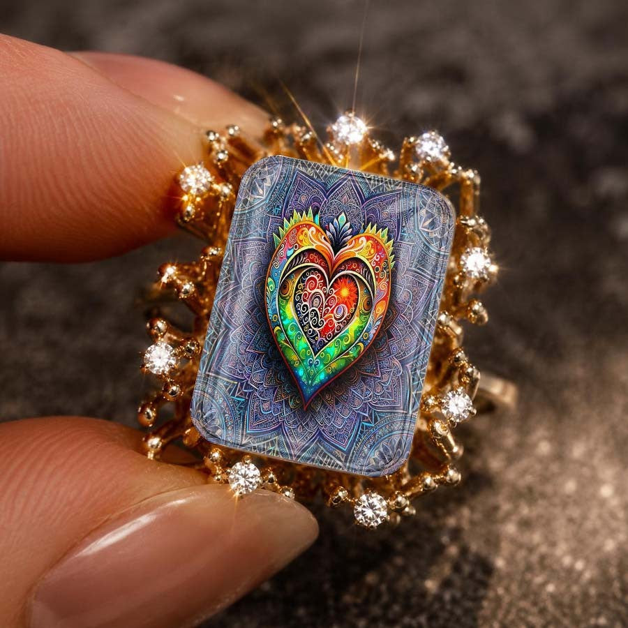 Colorful Filigree Heart Square Ring