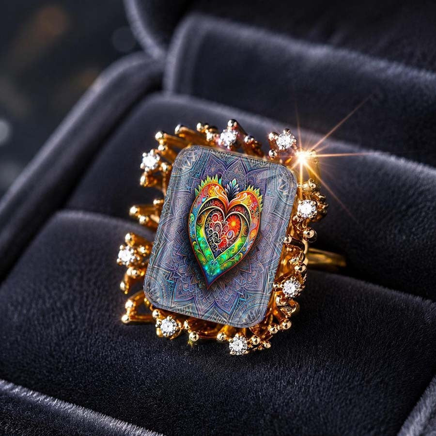 Colorful Filigree Heart Square Ring
