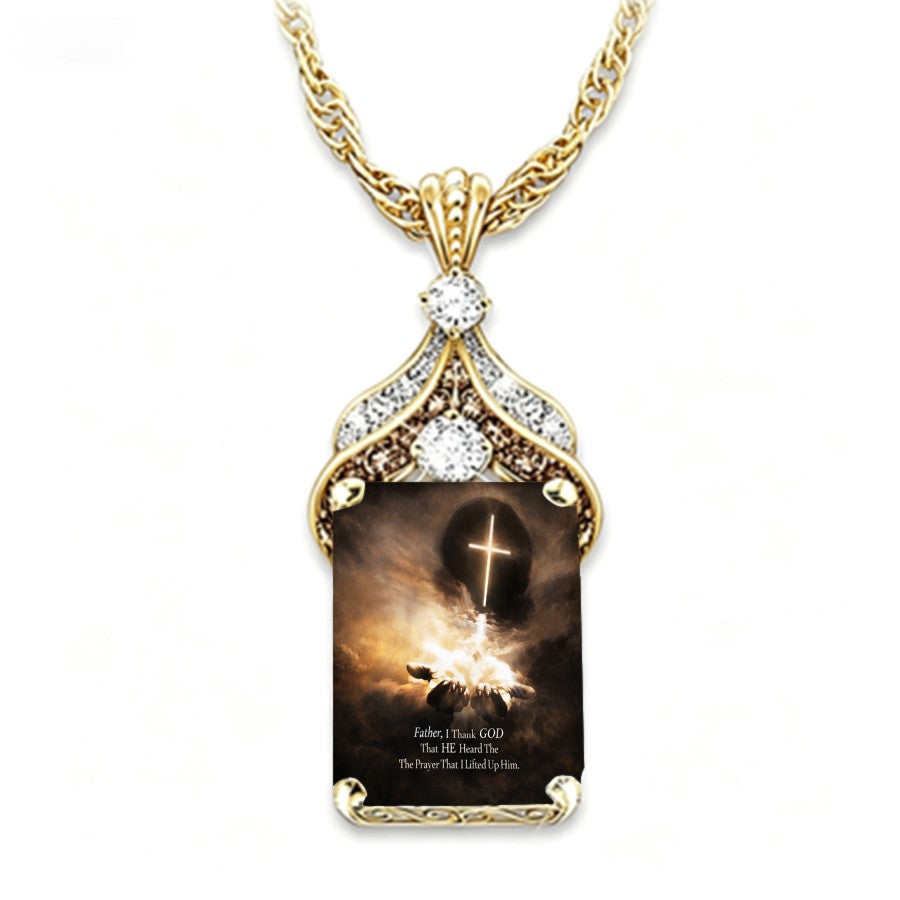 Ornate Cross & Hands Faith Pendant Necklace