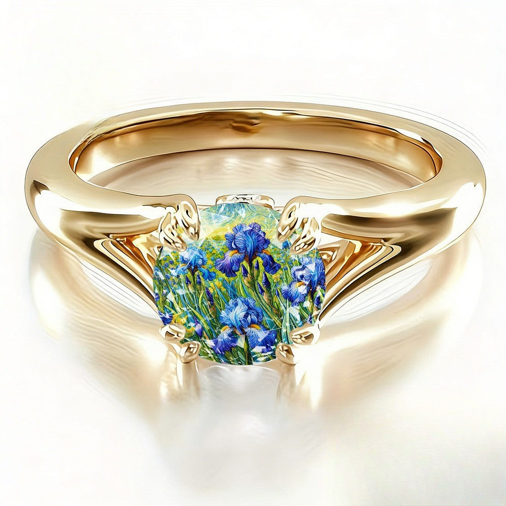 Blue Iris Floral Glass Ring