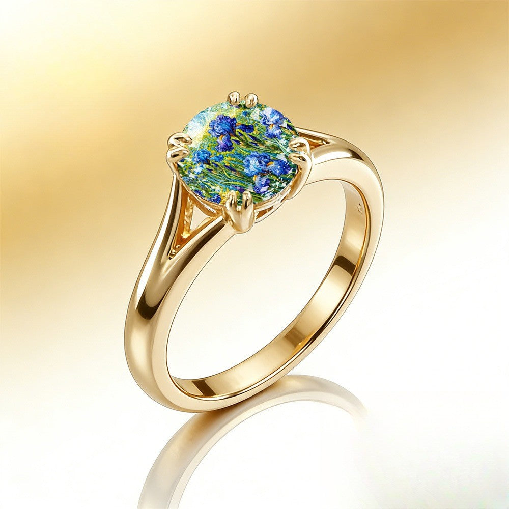 Blue Iris Floral Glass Ring