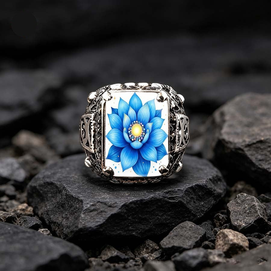 Blue Lotus Glass Square Ring