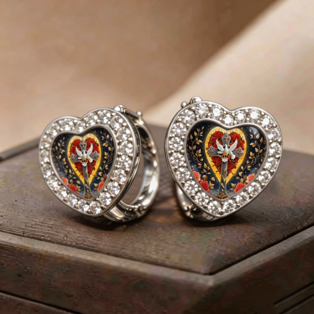 Enamel Dove Heart Huggie Earrings