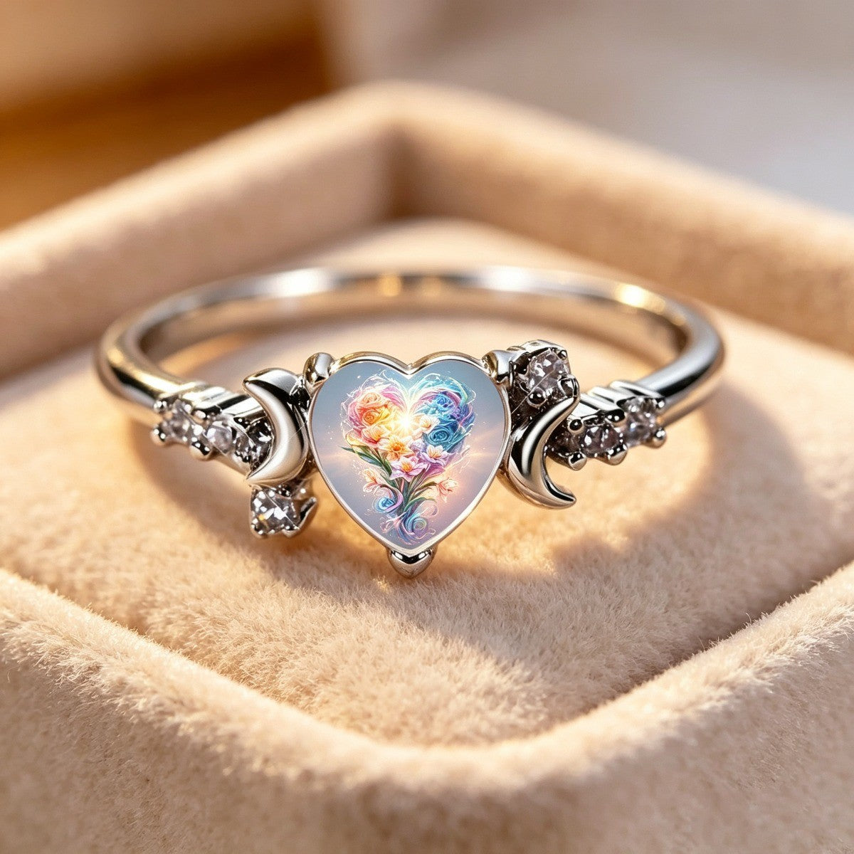 Rainbow Floral Heart & Crescent Ring
