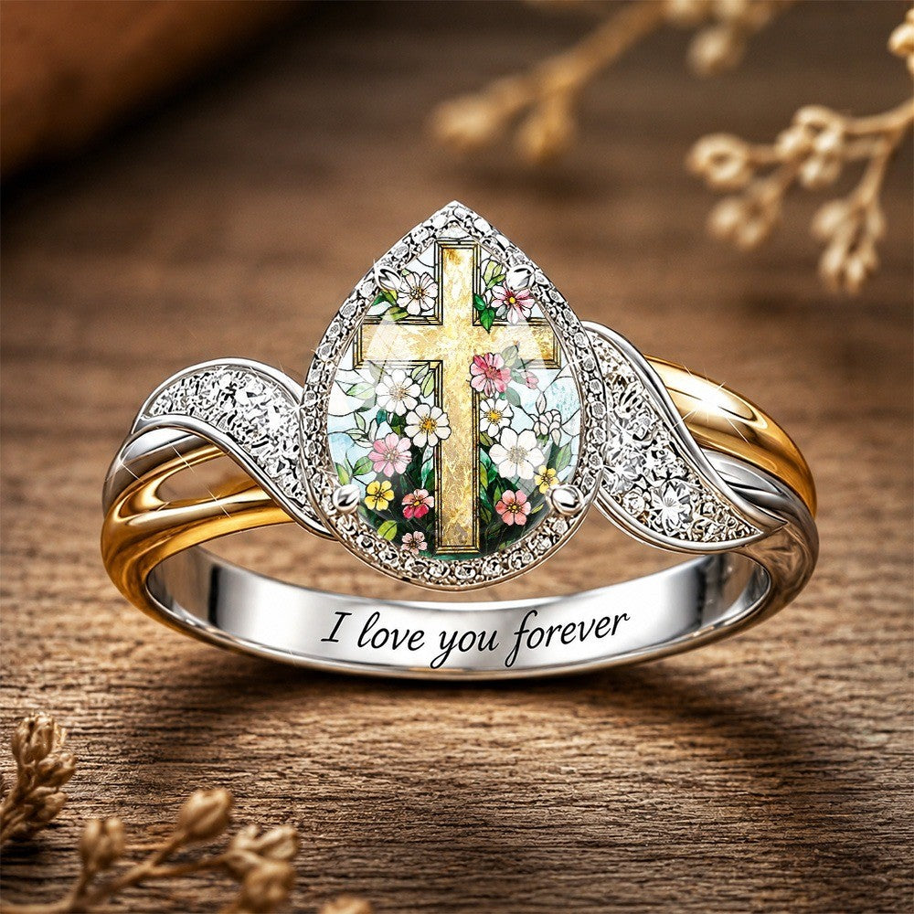 Engraved Cross & Floral Wing Ring