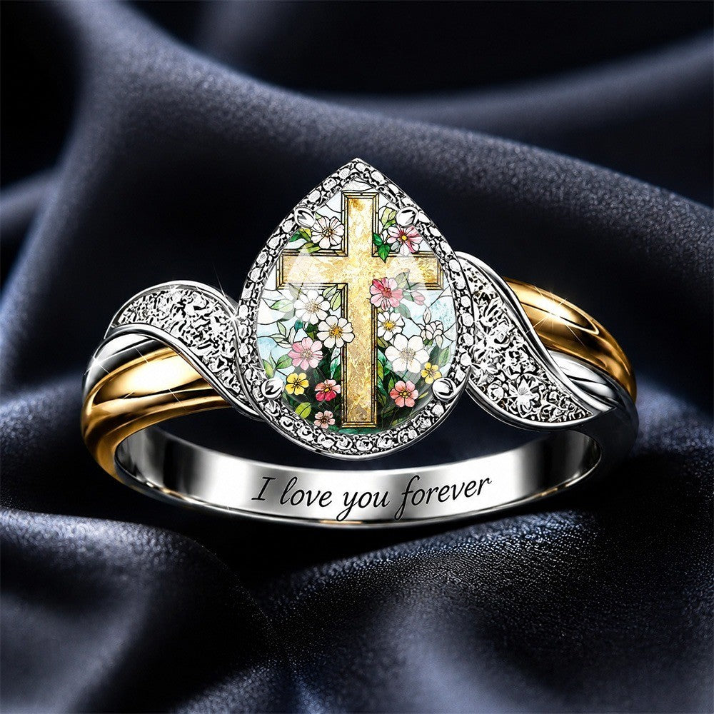Engraved Cross & Floral Wing Ring