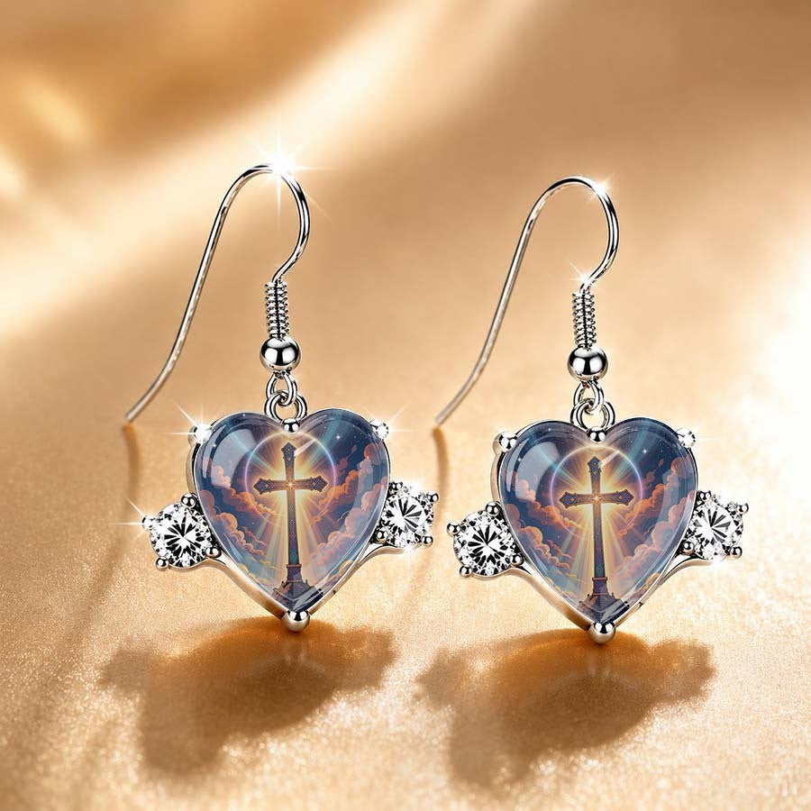 Iridescent Cross Heart Dangle Earrings