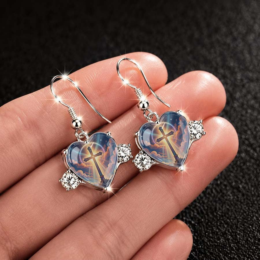 Iridescent Cross Heart Dangle Earrings