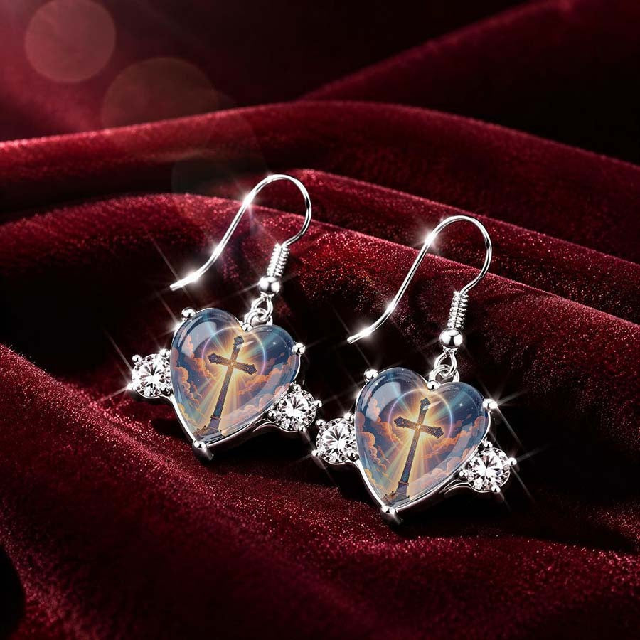 Iridescent Cross Heart Dangle Earrings
