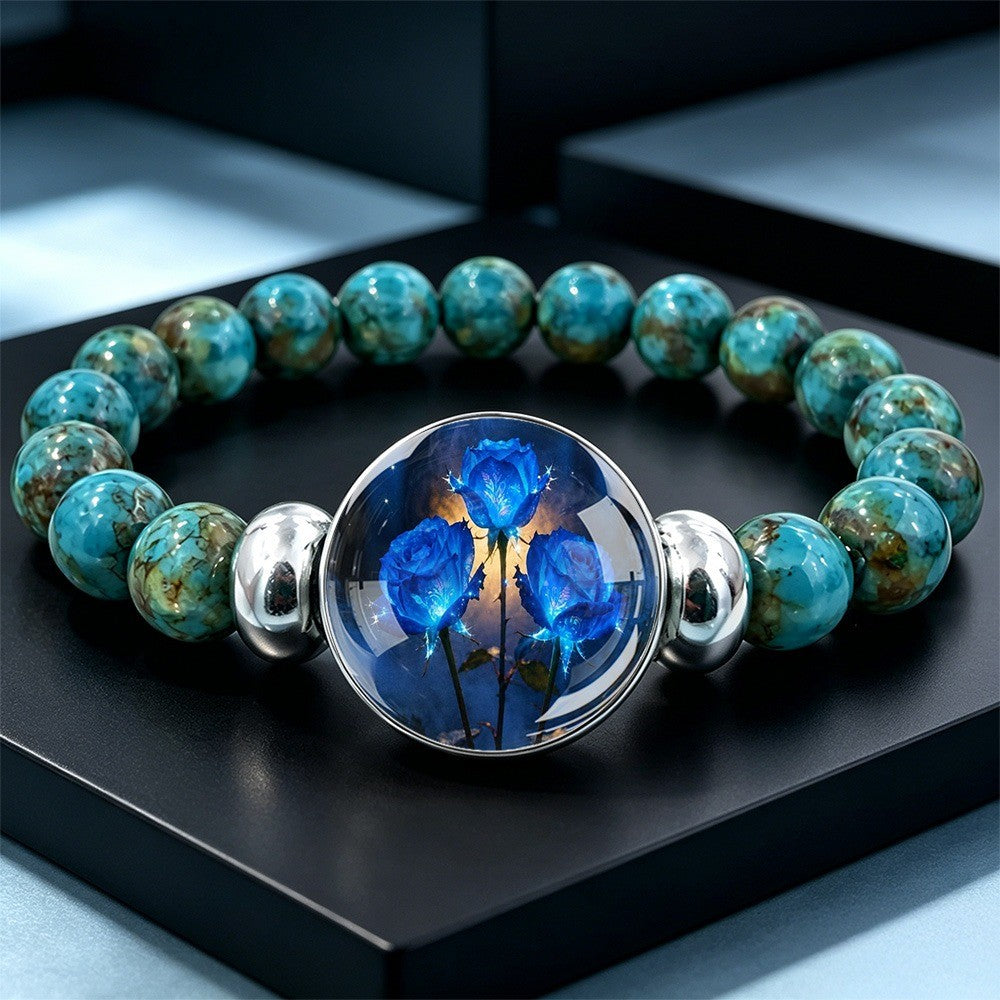 Blue Rose Glass Bead Bracelet