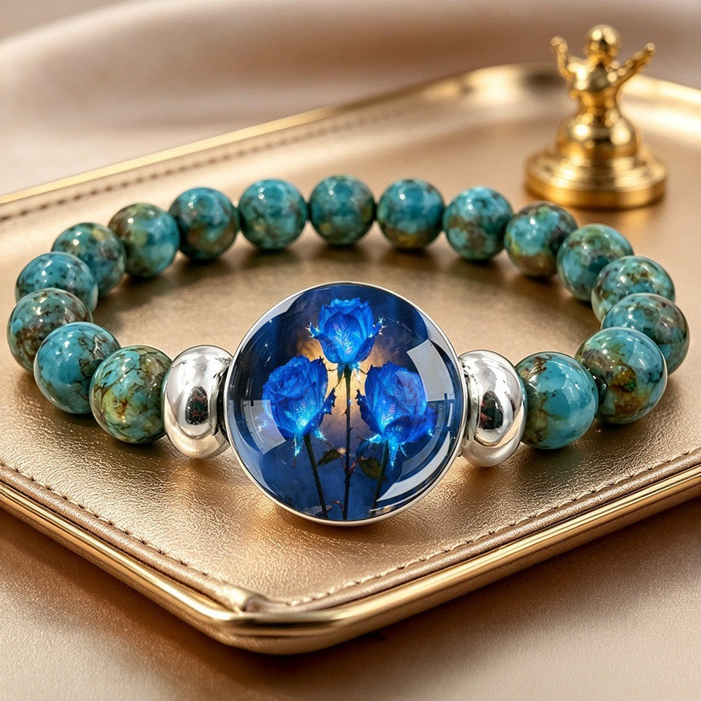 Blue Rose Glass Bead Bracelet