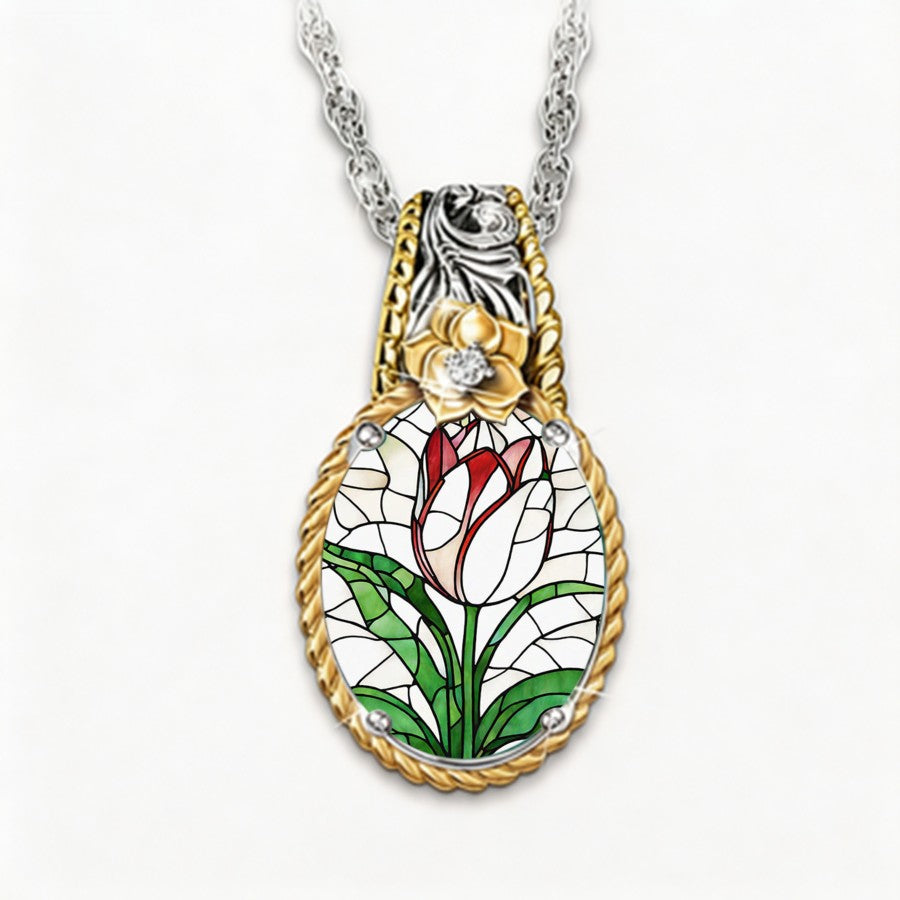 Stained Glass Tulip Oval Necklace