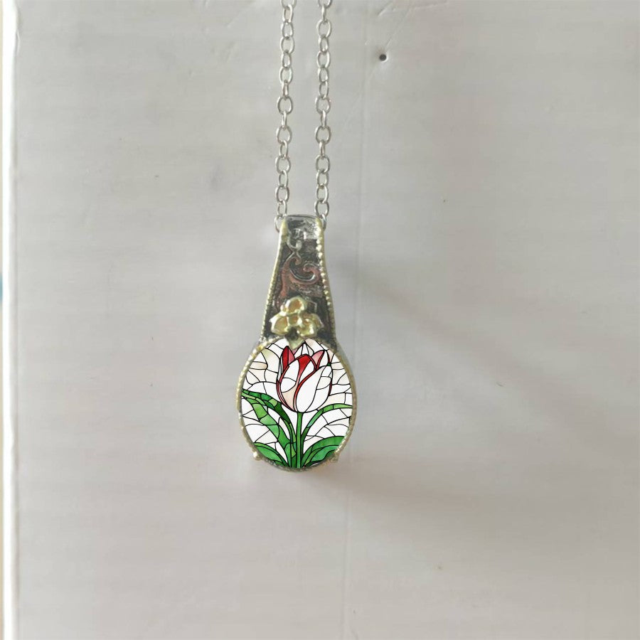 Stained Glass Tulip Oval Necklace