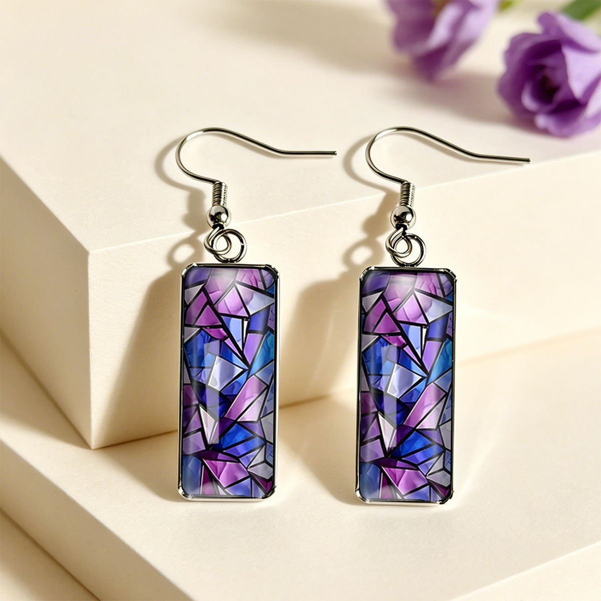 Purple Mosaic Glass Rectangle Earrings