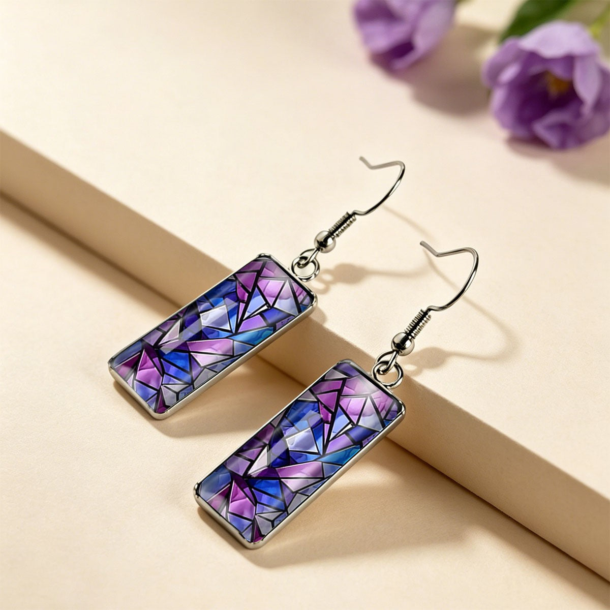 Purple Mosaic Glass Rectangle Earrings