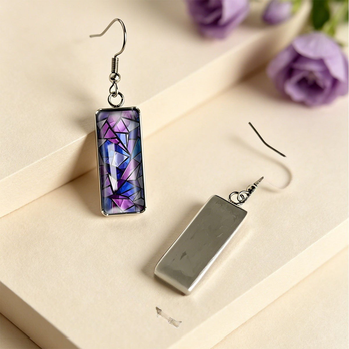 Purple Mosaic Glass Rectangle Earrings