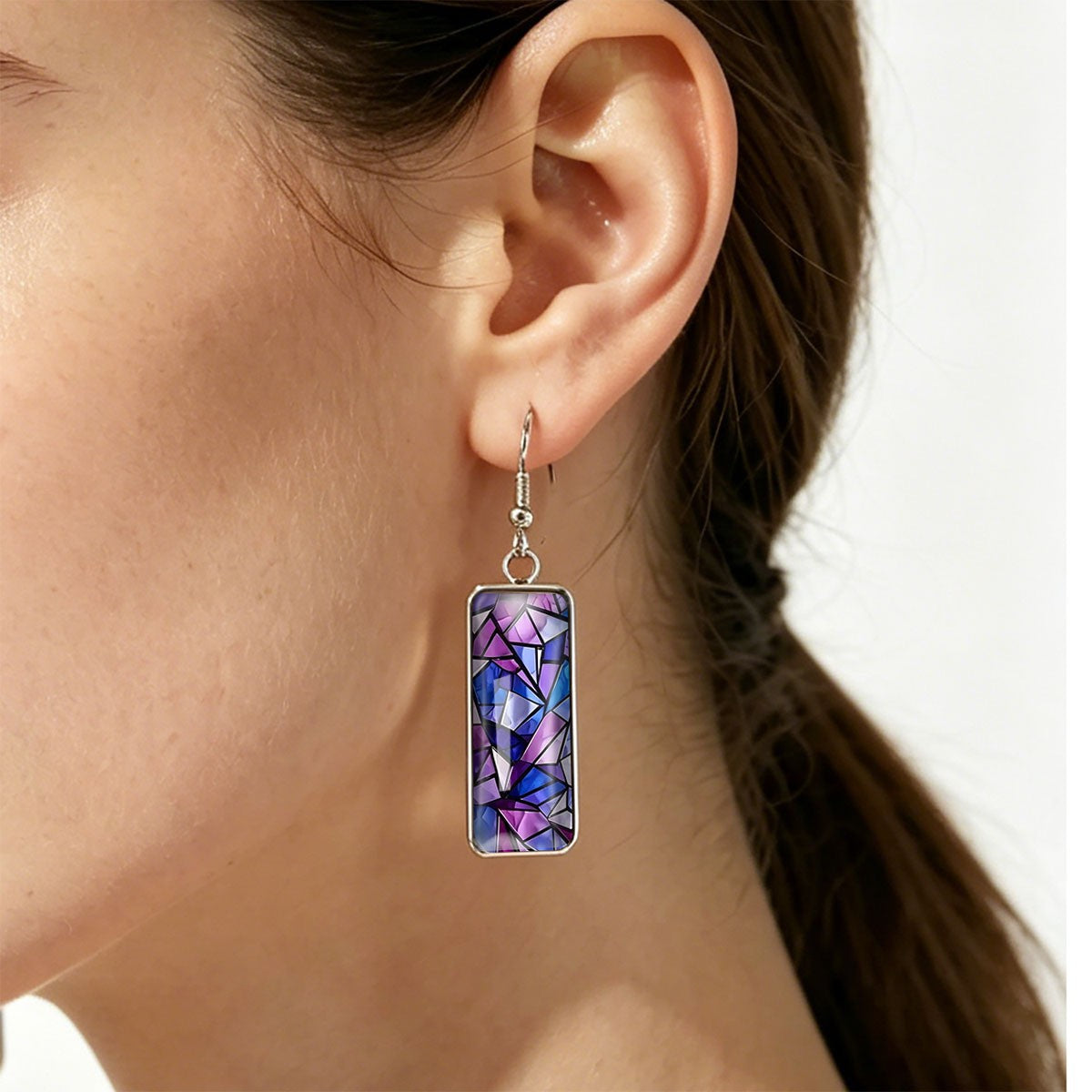 Purple Mosaic Glass Rectangle Earrings