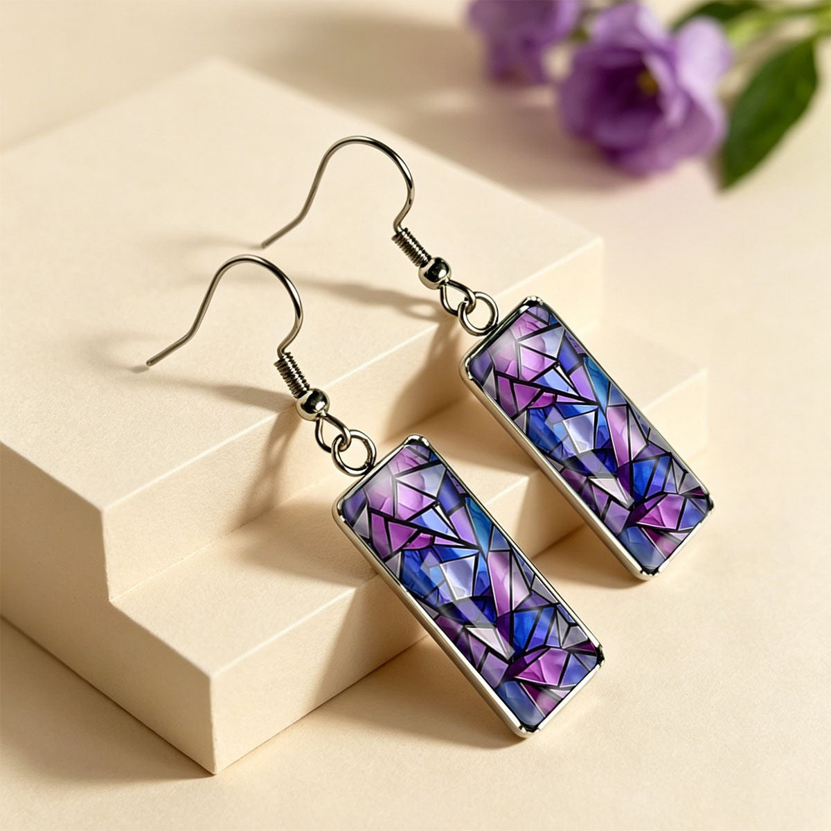 Purple Mosaic Glass Rectangle Earrings