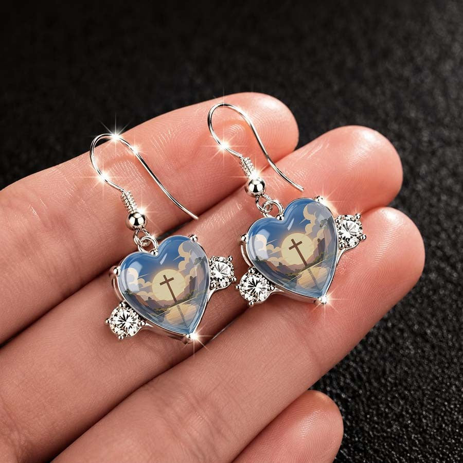 Blue Landscape Heart Dangle Earrings