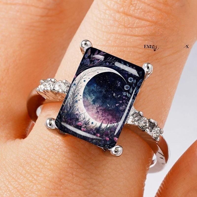 Crescent Moon Rectangular Ring