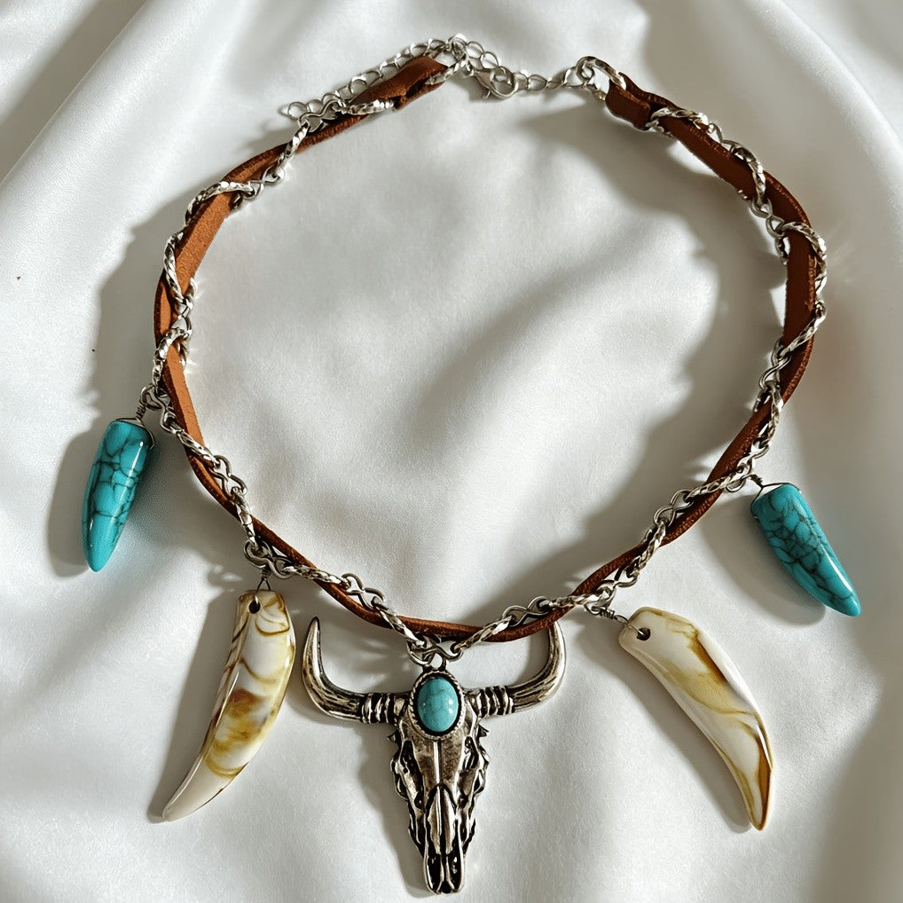 Bull Skull & Faux Horn Necklace