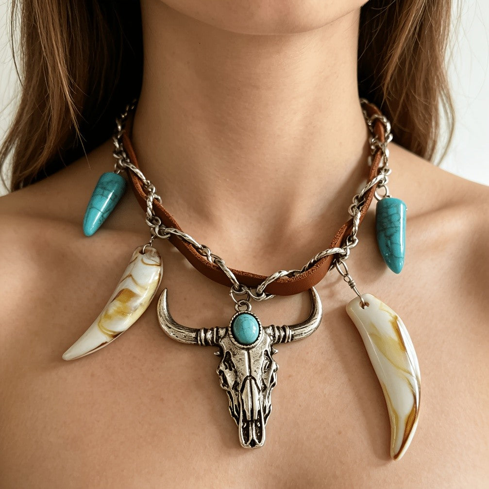Bull Skull & Faux Horn Necklace