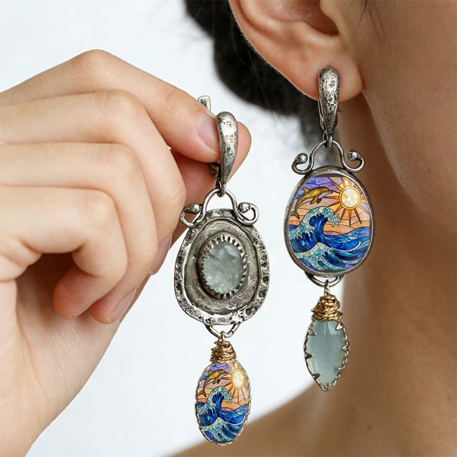 Ocean Wave & Dolphin Asymmetrical Earrings