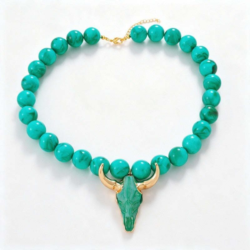 Teal Bull Skull Beaded Necklace