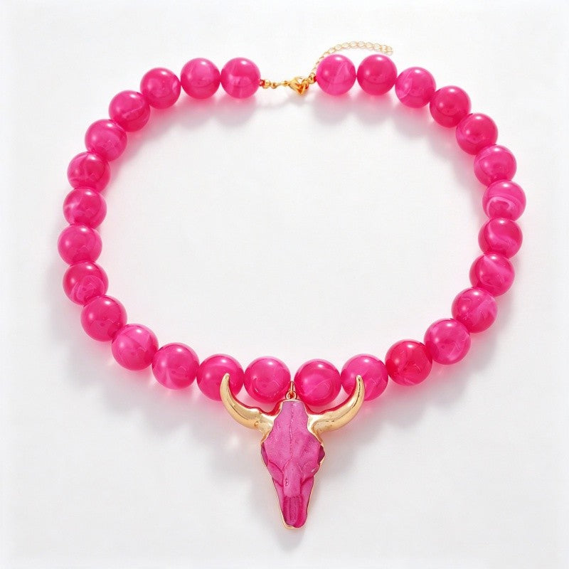 Teal Bull Skull Beaded Necklace