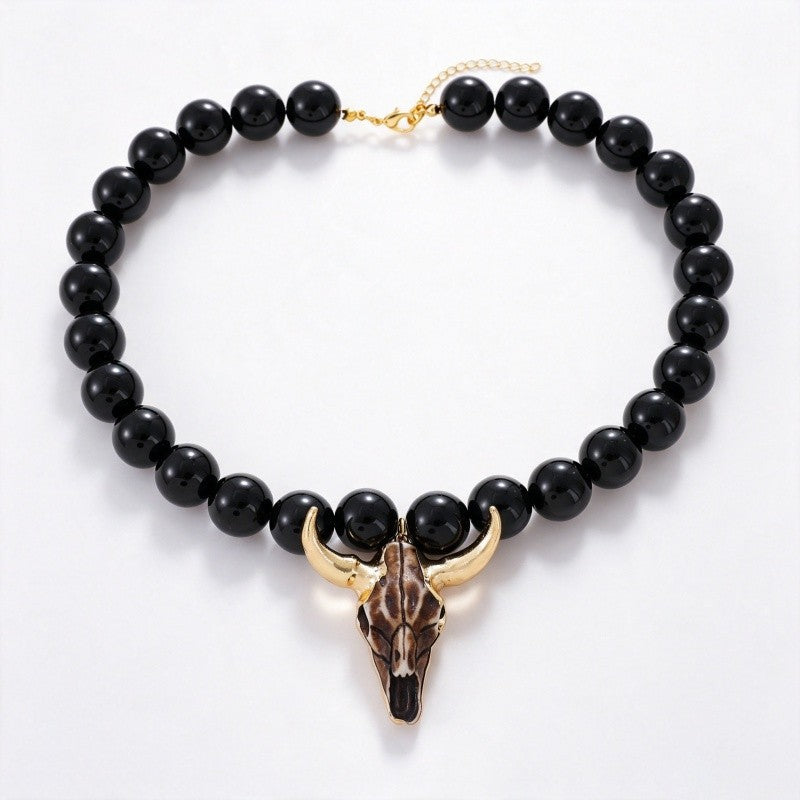 Teal Bull Skull Beaded Necklace