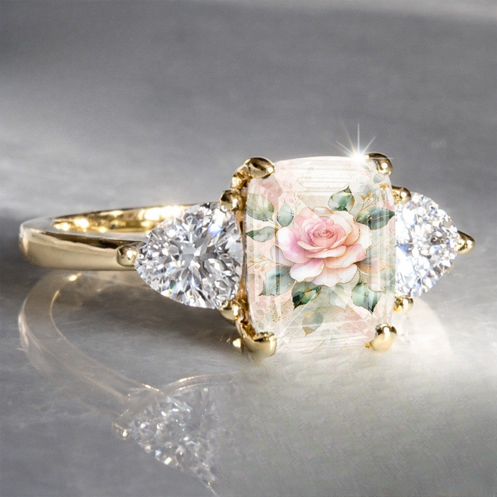 Pink Rose Three-Stone Rectangular Ring