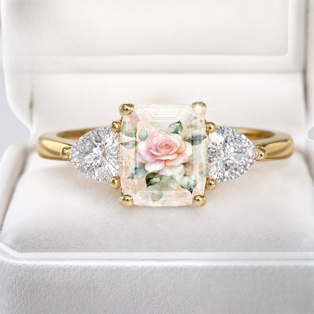 Pink Rose Three-Stone Rectangular Ring