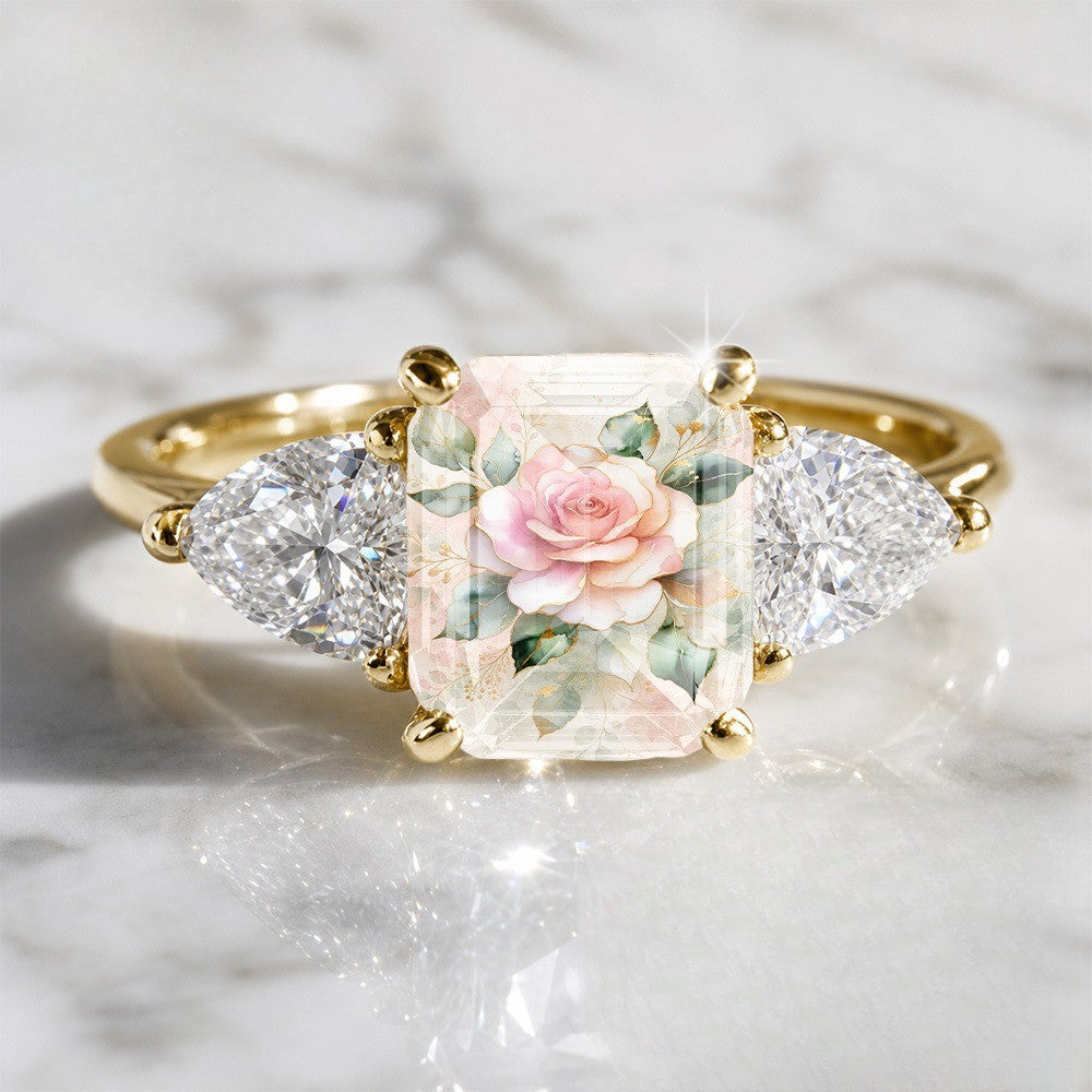 Pink Rose Three-Stone Rectangular Ring