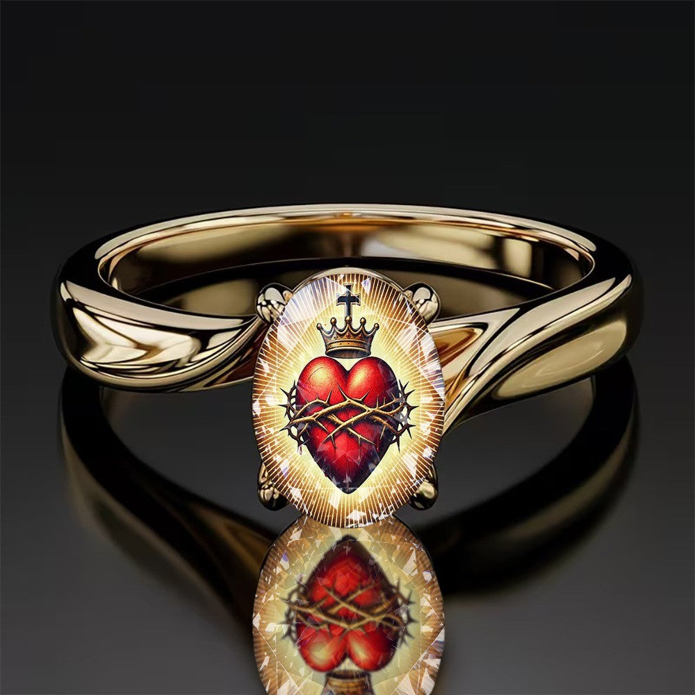 Sacred Heart & Crown Oval Ring