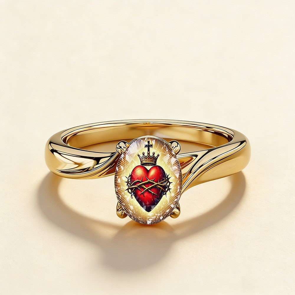Sacred Heart & Crown Oval Ring