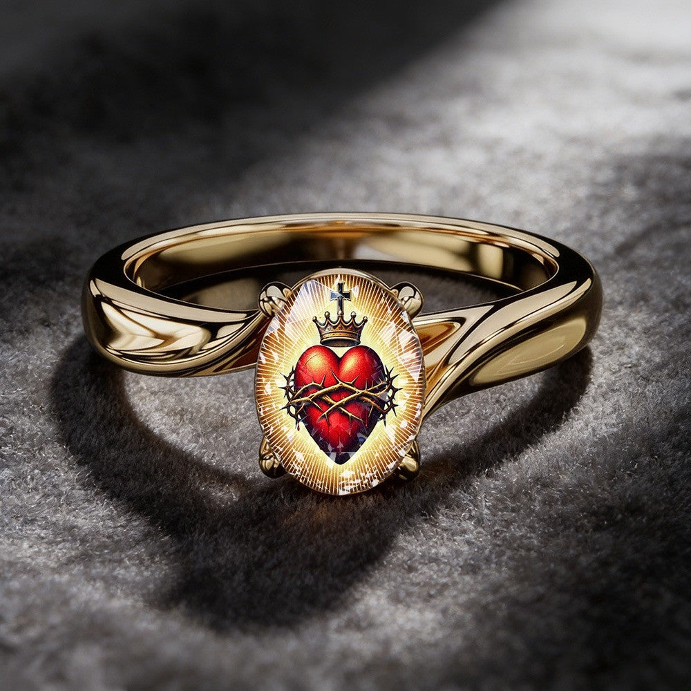 Sacred Heart & Crown Oval Ring