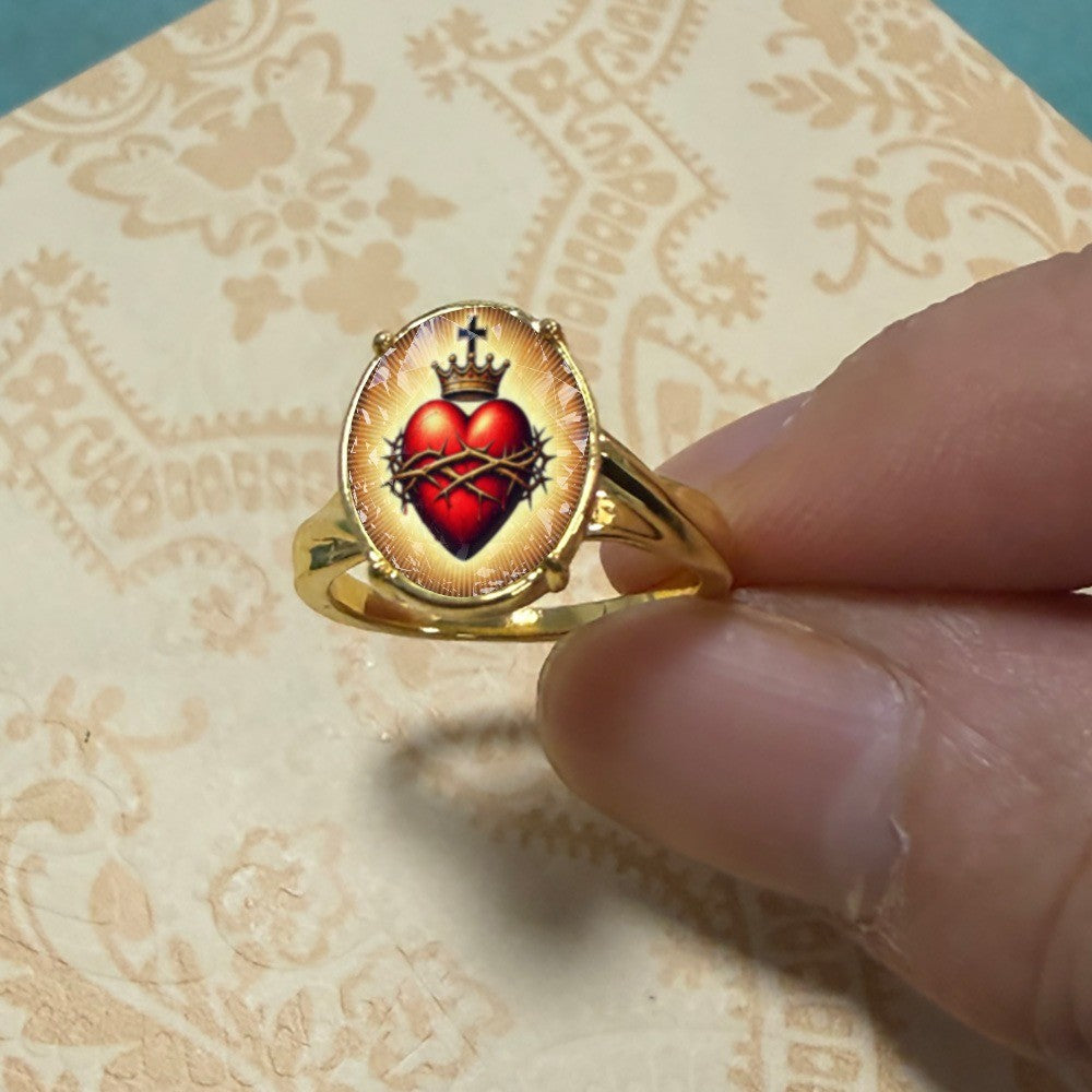 Sacred Heart & Crown Oval Ring