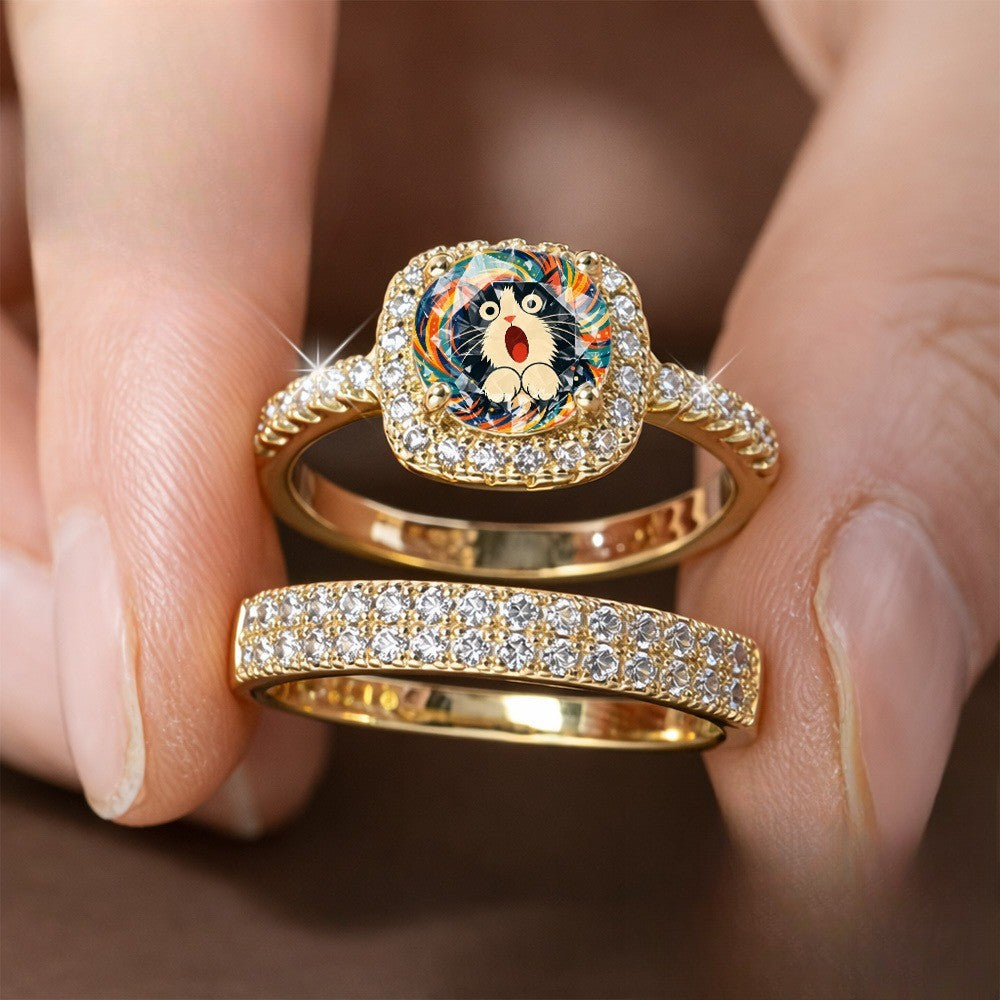 Surprised Cat Square Ring Set
