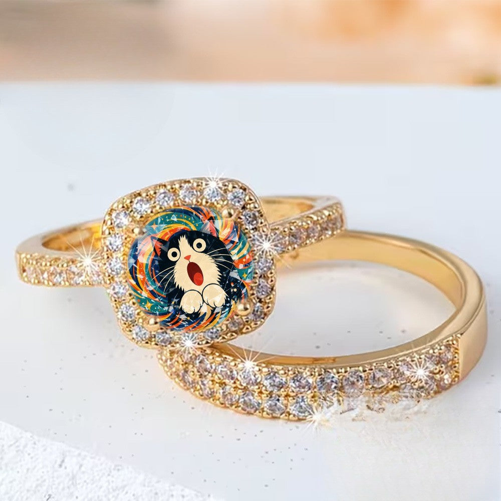 Surprised Cat Square Ring Set