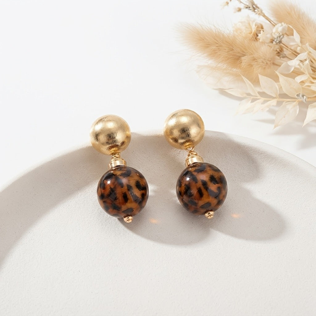 Leopard Print Double Sphere Drop Earrings