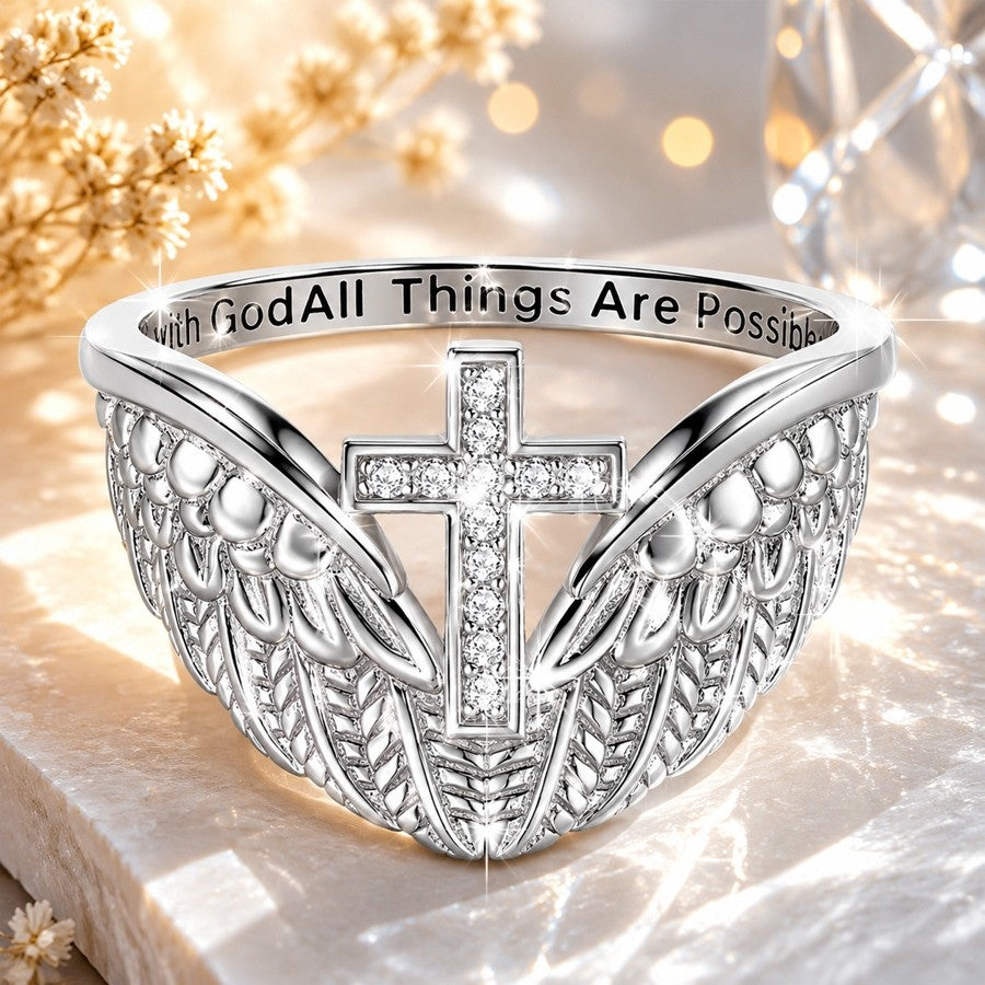 Winged Cross Scripture Ring