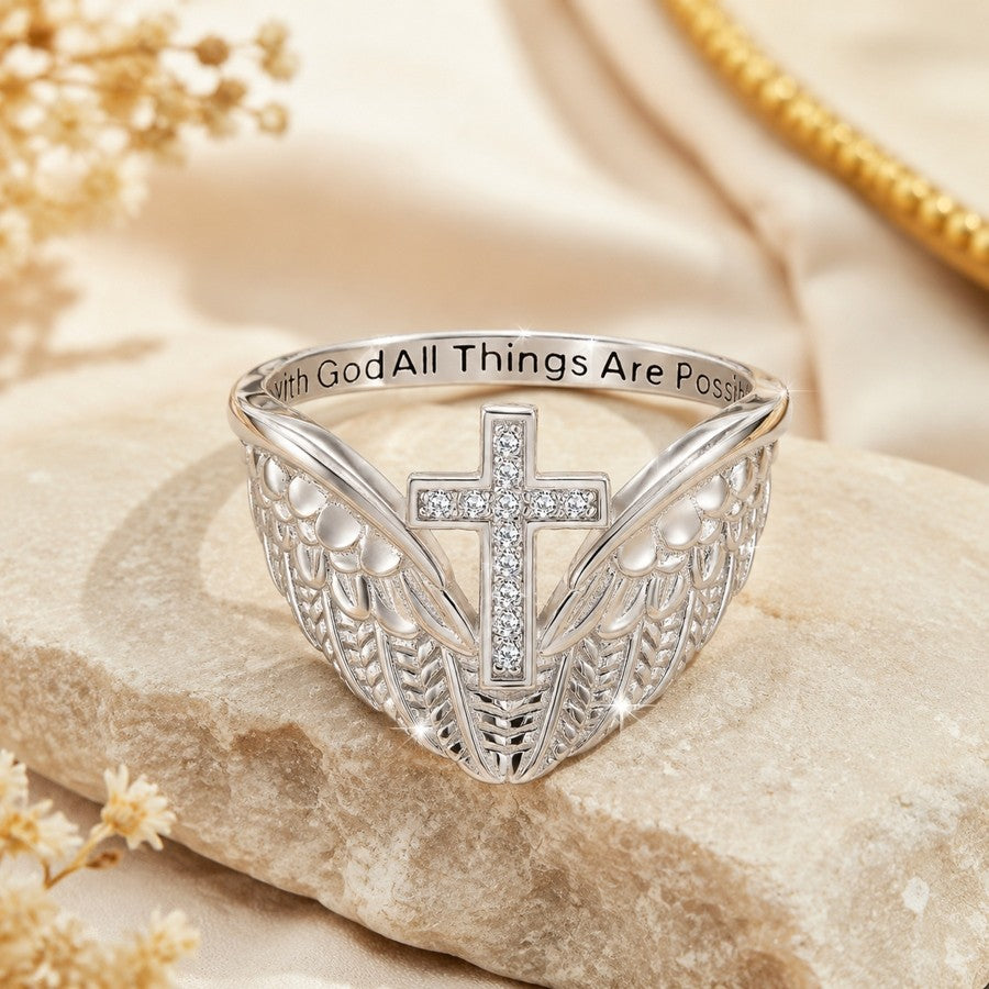 Winged Cross Scripture Ring