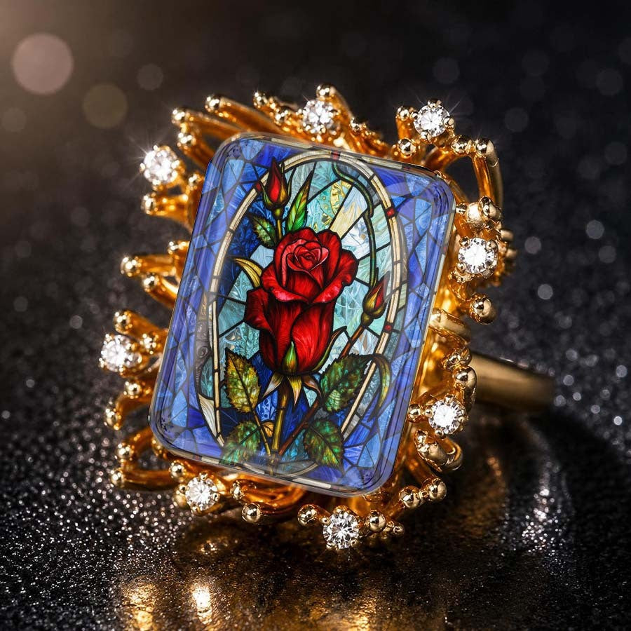 Red Rose Stained Glass Square Ring