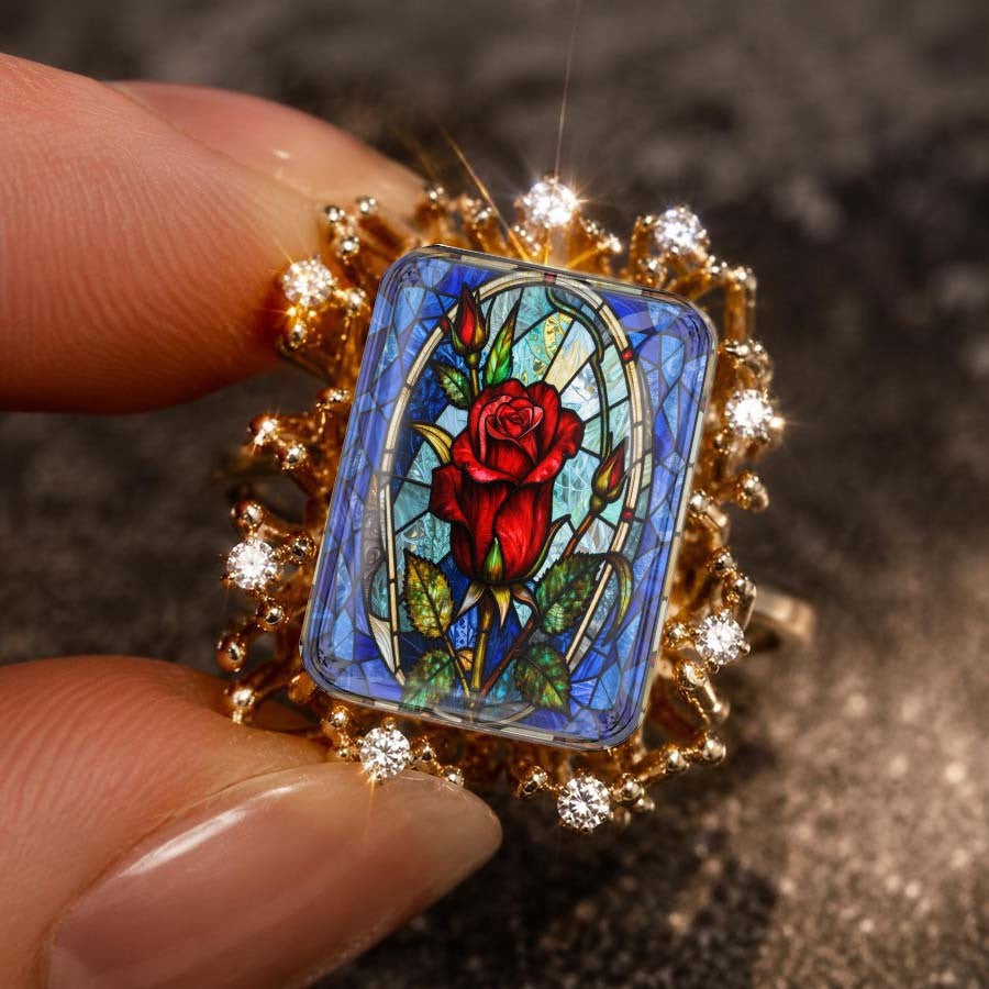 Red Rose Stained Glass Square Ring