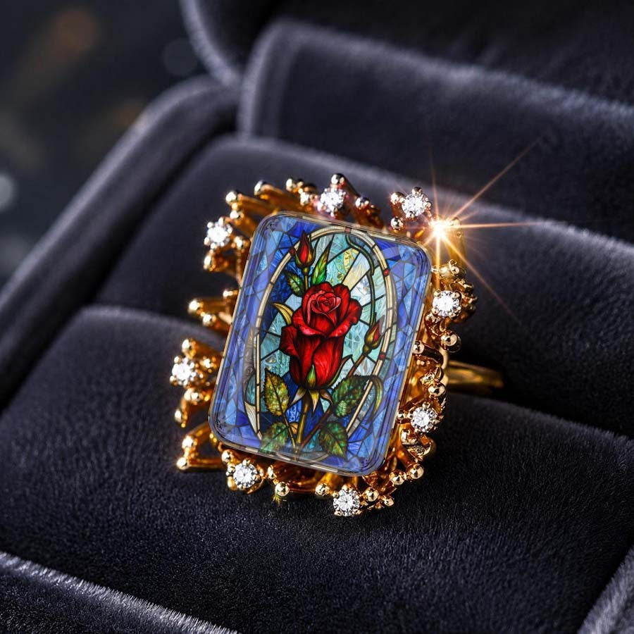 Red Rose Stained Glass Square Ring