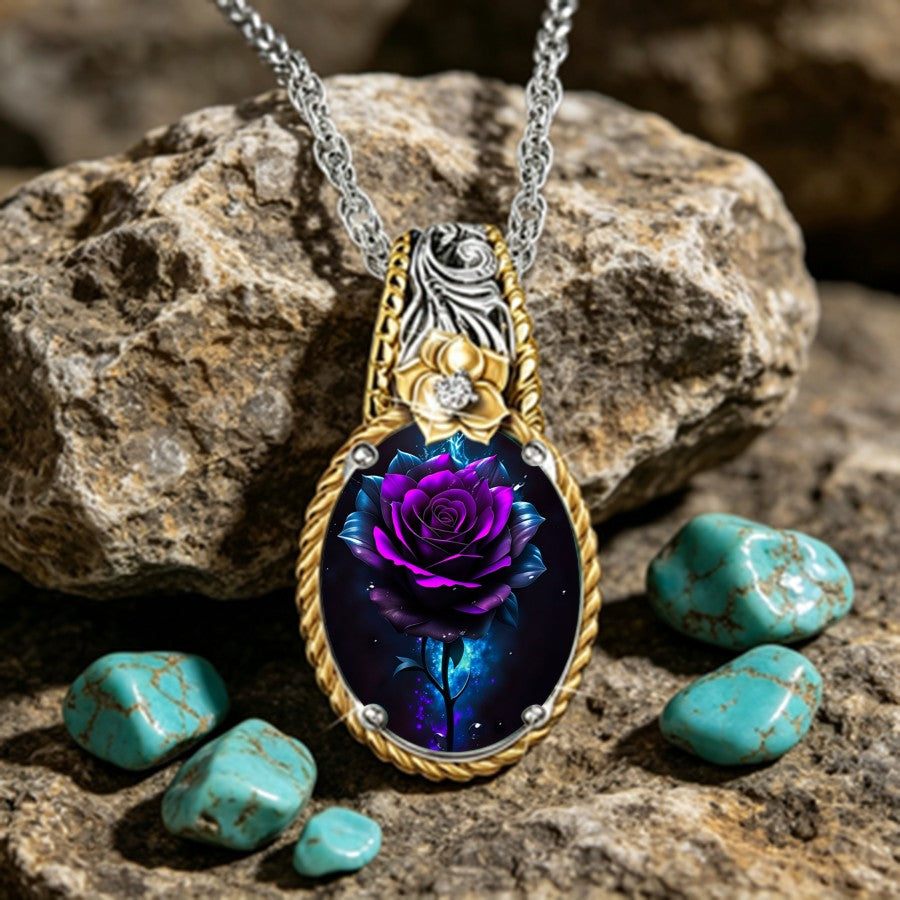 Cosmic Rose Oval Pendant Necklace