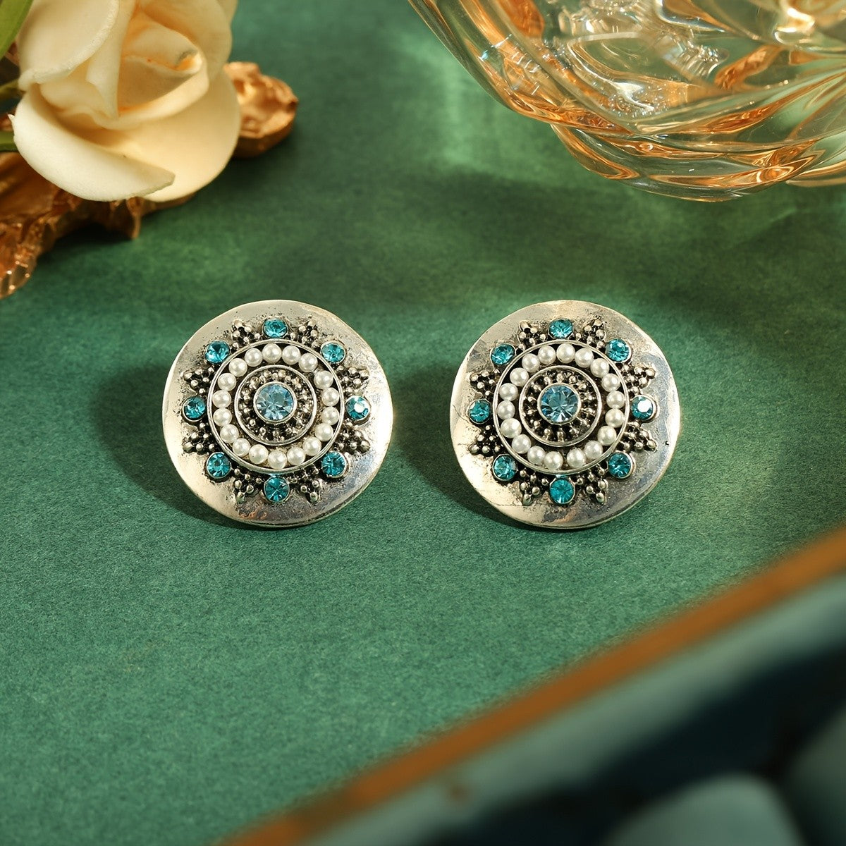 Blue Crystal Round Earrings