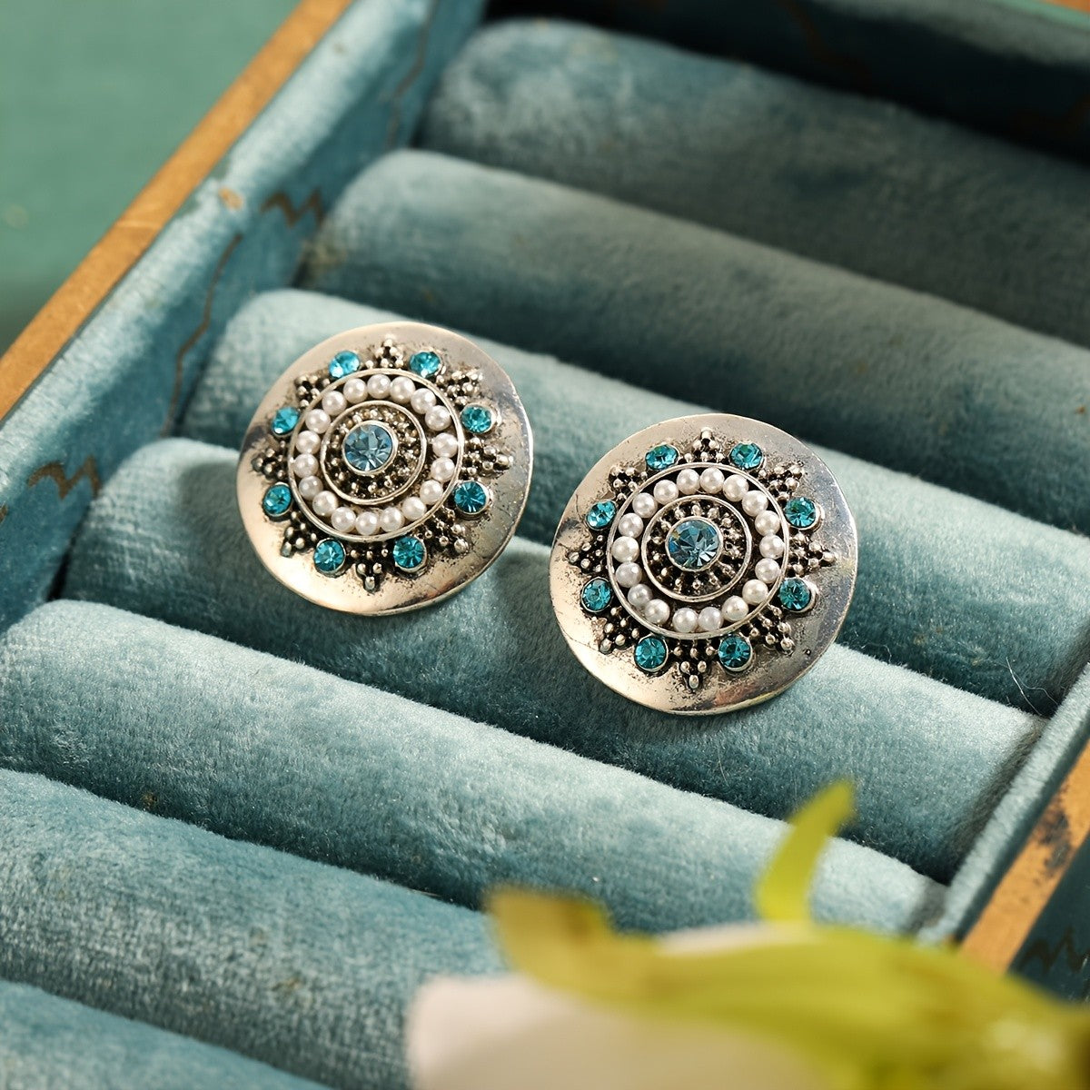 Blue Crystal Round Earrings