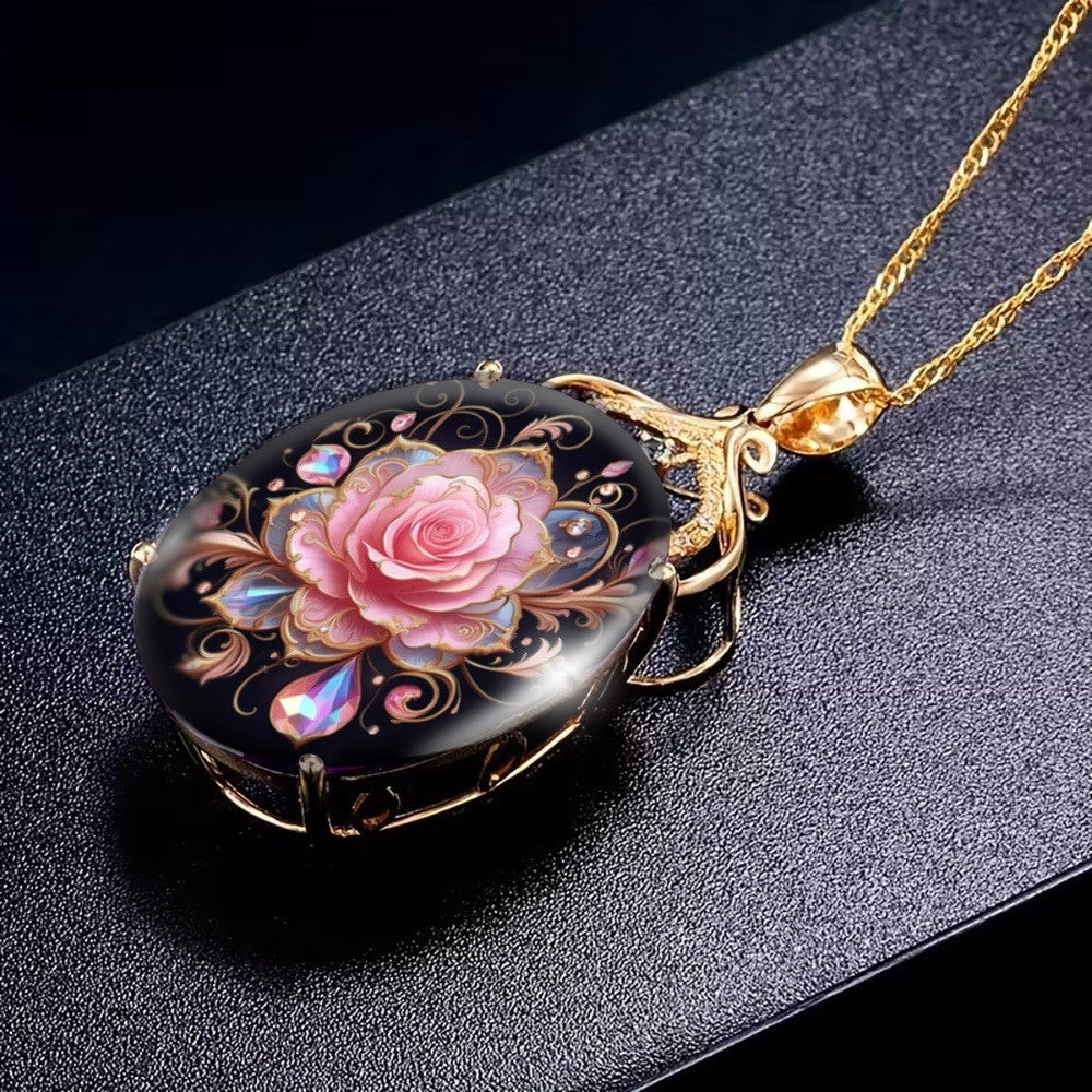 Pink Rose Crystal Oval Necklace