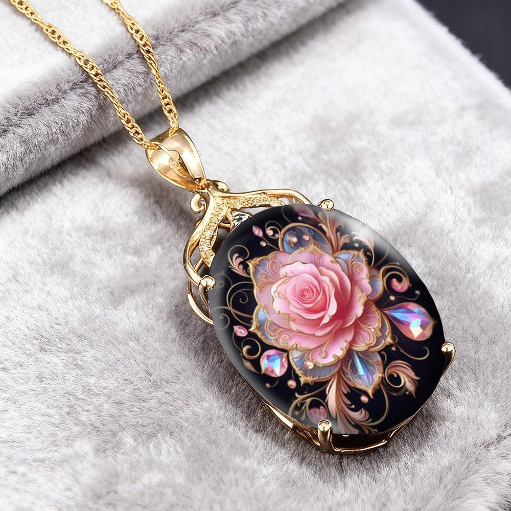 Pink Rose Crystal Oval Necklace